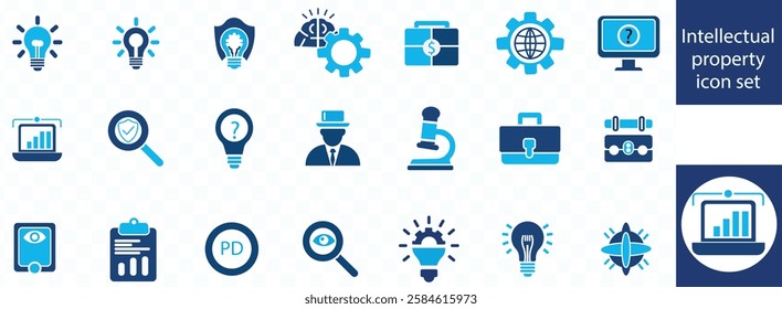 Intellectual property icon set. Containing copyright, trademark, registered, service mark, business idea, patent symbols and more. Business concept icon collection.