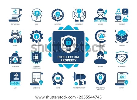 Intellectual Property icon set. Idea, Judge, Secret, Content, Author, Copyright Infringement, Patent, Invention. Duotone color solid icons