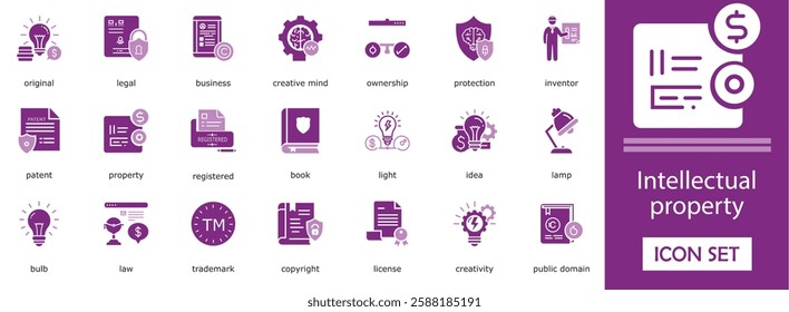 Intellectual property  icon set.  with  original, trade, legal, business,   patent, property, public domain and more filled icons. solid illustration 