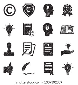 Intellectual Property Icons. Black Scribble Design. Vector Illustration.