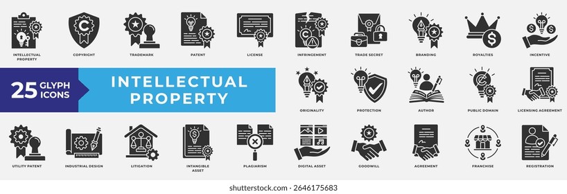 Intellectual Property icons collection set. Containing copyright, trademark, patent, license, trade secret, branding, royalties, originality, protection, digital asset, agreement. Simple Glyph Vector.