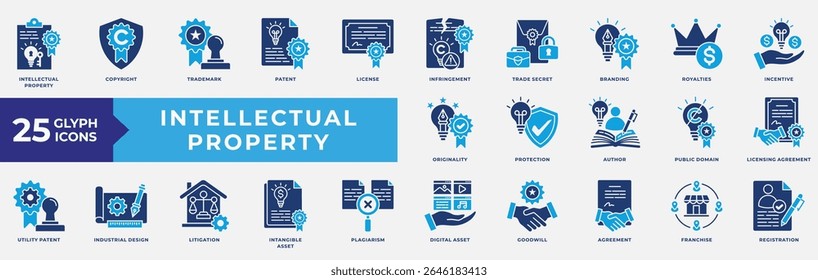 Intellectual Property icons collection set. Containing copyright, trademark, patent, license, trade secret, branding, royalties, originality, protection, digital asset, agreement. Simple Flat Vector.