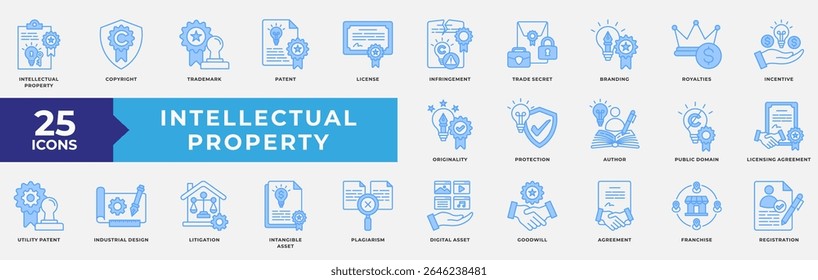 Intellectual Property icons collection set. Containing copyright, trademark, patent, license, trade secret, branding, royalties, originality, protection, digital asset, agreement. Simple Blue Vector.