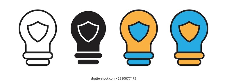 Intellectual Property Idea Protection Shield Lightbulb Vector Icon Set. Shield inside lightbulb vector icon set representing intellectual property protection, creative patent copyright security.