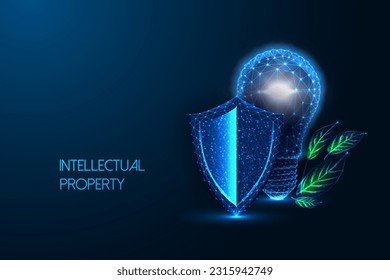 Intellectual property, innovation protection futuristic concept with lightbulb and shield symbols in glowing low polygonal style on dark blue background. Modern abstract design vector illustration.