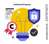 Intellectual property. Intangible creations of the human intellect, patented invention or art. Patents, copyrights, trademarks, and trade secrets. Flat vector illustration