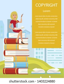 Intellectual Property Law Flat Web Banner Template. Female Writer Sitting on Books Stack. Copyright Infringement Punishment Informative Poster. Copywriter, Editor Making Notes Cartoon Vector Character
