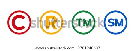 Intellectual property law icon set with registered, trademark, copyright, unregistered trademark, and service mark symbols. Vector illustration transparent background