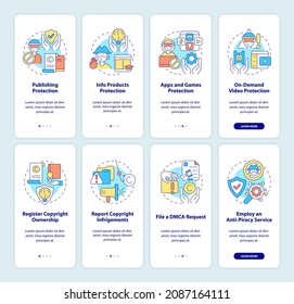 Intellectual property law onboarding mobile app page screen set. Copyrighted works walkthrough 4 steps graphic instructions with concepts. UI, UX, GUI vector template with linear color illustrations