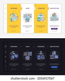Intellectual property law onboarding vector template. Responsive mobile website with icons. Web page walkthrough 4 step screens. Art, architecture night and day mode concept with linear illustrations