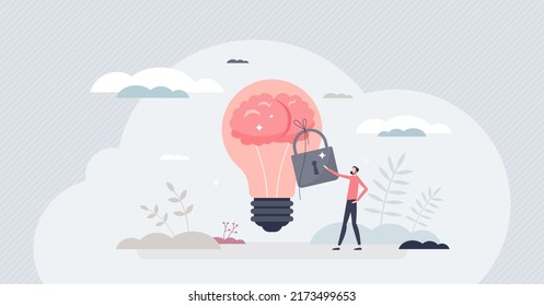 Intellectual property and legal copyright protection tiny person concept. Patent protection for new innovations, ideas and patents vector illustration. Author security for information piracy threat.