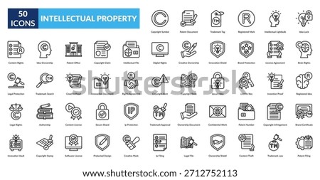 Intellectual Property Line Icon Set. Ip Rights, Copyright Symbol, Patent Document, Trademark Tag, Registered Mark, Intellectual Property, Licensing Agreement