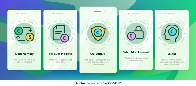 Intellectual Property Onboarding Mobile App Page Screen Vector. Human Silhouette, Video And Music, Book And Web Site Intellectual Property Illustrations