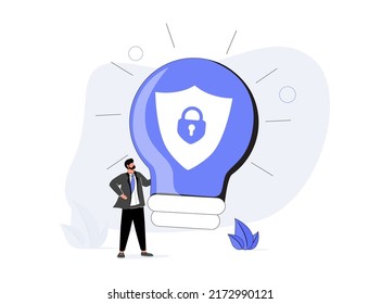 Intellectual property, patented protection, copyright reserved or product trademark that cannot copy concept, businessman owner standing with light bulb idea locked with padlock for patents.