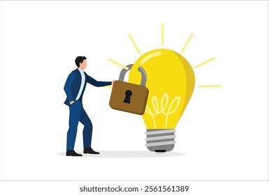 Intellectual property, patented protection, copyright reserved or product trademark that cannot copy concept, businessman owner standing with light bulb idea locked with padlock for patents.
