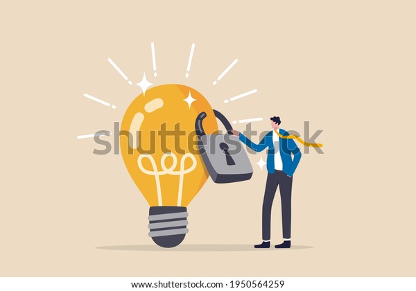 Intellectual property, patented protection,\
copyright reserved or product trademark that cannot copy concept,\
businessman owner standing with light bulb idea locked with padlock\
for patents.