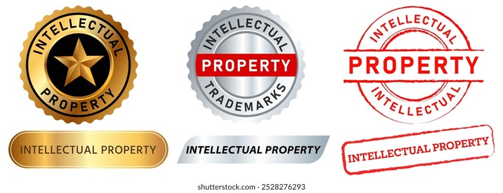 Propiedad intelectual Producto Sellos Insignias de colores Marcas comerciales Derechos de autor Idea de propiedad Concepto Diseño Etiqueta engomada Etiqueta Emblema Conjunto de iconos colección