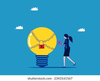 Intellectual property protection. Businesswoman standing with a light bulb locked with a key 
