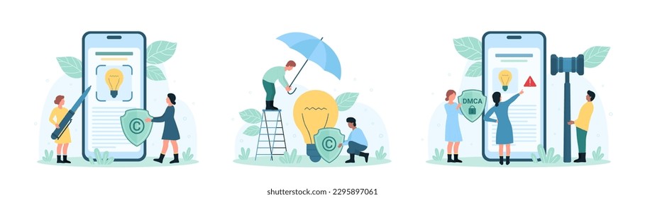 Intellectual property protection set vector illustration. Cartoon tiny people holding judges gavel, umbrella and DMCA shield to protect rights of authors for digital content and brand identity