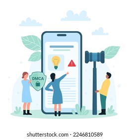 Intellectual property protection vector illustration. Cartoon tiny people holding judges gavel and DMCA shield to protect trademark and light bulb from crime, digital product or idea on phone screen