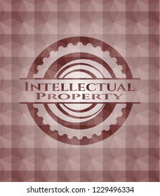 Intellectual property red seamless badge with geometric pattern background.