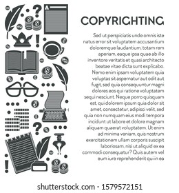 Intellectual property right protection, copyrighting and money earning vector. Book and articles, coins stacks and coffee, typing machine and glasses, pen and notepad. Writing texts, author creation