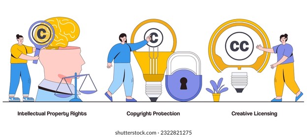 Derechos de Propiedad Intelectual, Protección de Derechos de Autor, Concepto de Licencia Creativa con Carácter. Conjunto de ilustraciones de vectores de resumen de la industria creativa. Derechos artísticos, términos de licencia metáfora.