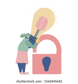 Intellectual property rights. Young woman trying to protect her idea metaphor. Tiny girl holding a big bulb in her hands and using a lock to save product of her mind.  Vector illustration.