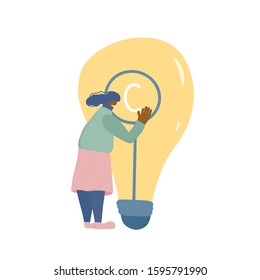 Intellectual property rights. Young woman trying to protect her idea metaphor. Lady with bulb isolated on white background. Vector flat color illustration.