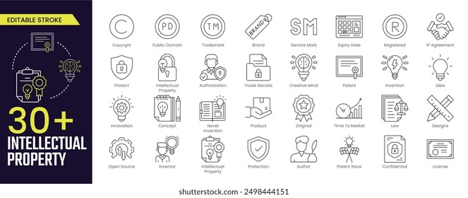 Symbolsammlungen für intellektuelles Eigentum. Enthält Urheberrechte, Warenzeichen, eingetragene, Dienstleistungsmarke, Geschäftsidee, Patentsymbole und mehr. Bearbeitbare Stroke-Symbol-Sammlung Gliederungssymbol