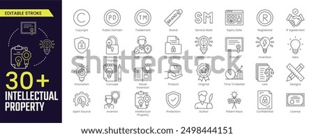 Intellectual Property Stroke icon collections. Containing copyright, trademark, registered, service mark, business idea, patent symbols and more. Editable Stroke icon collection Outline icon