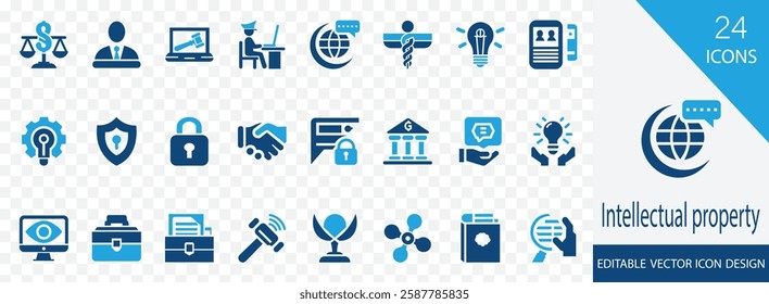 Intellectual property vector icon set. containing  bulb,  law, trademark, copyright, license, original and more icons. solid illustration 