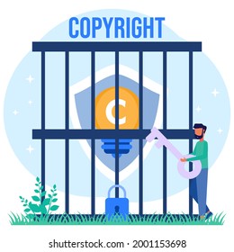 Ilustración vectorial de propiedad intelectual. El concepto de protección de la obra del autor Idea de la información legal del propietario de la propiedad con marcas comerciales y derechos de autor. Licencia comercial o datos de piratería.