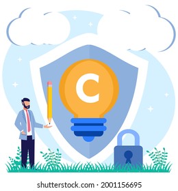 Intellectual Property Vector Illustration. The Concept Of Protection Of The Author's Work Idea Of ​​legal Owner Information With Trademarks And Copyrights. Trading License Or Piracy Data.