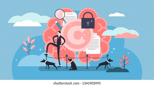 Intellectual Property Vector Illustration. Flat Tiny Author Persons Concept. Idea Legal Owner Information Protection With Trademark And Copyright. Data License Trade Or Piracy And Plagiarism Control.