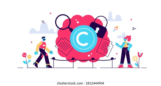 Intellectual property vector illustration. Flat tiny author persons concept. Idea legal owner information protection with trademark and copyright. Data license trade or piracy and plagiarism control.