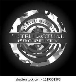 Intellectual property written on a grey camouflage texture