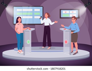 Intellectual show flat color vector illustration. Two girls taking quiz. Intelligent television show. TV channel. Quiz-master. 2D cartoon faceless characters with scene on background