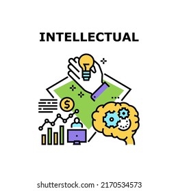 Intellectual Vector Icon Concept. Intellectual Processing For Startup And Developing Company Strategy, Business Idea Management And Analyzing Financial Report On Computer Color Illustration