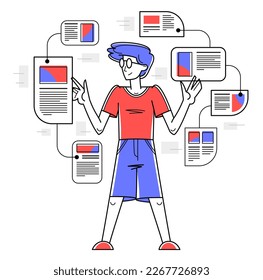 Intellectual worker making analysis of some data on pc or web, data systematization, collecting and analyzing information, vector outline illustration.