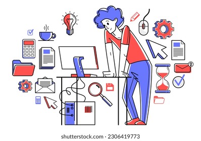Intellectual worker making analysis of some data on pc or web, data systematization, collecting and analyzing information, vector outline illustration.