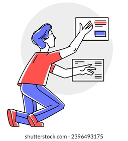 Intellectual worker making analysis of some data on pc or web, data systematization, collecting and analyzing information, vector outline illustration.
