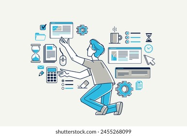 Intellectual worker making analysis of some data on pc or web, data systematization, collecting and analyzing information, vector outline illustration.