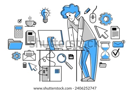 Intellectual worker making analysis of some data on pc or web, data systematization, collecting and analyzing information, vector outline illustration