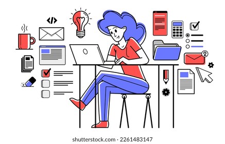 Intellectual worker woman making analysis of some data on pc or web, data systematization, collecting and analyzing information, vector outline illustration.