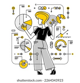 Intellectual worker woman making analysis of some data on pc or web, data systematization, collecting and analyzing information, vector outline illustration.