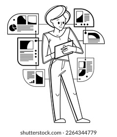 Intellectual worker woman making analysis of some data on pc or web, data systematization, collecting and analyzing information, vector outline illustration.