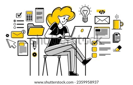 Intellectual worker woman making analysis of some data on pc or web, data systematization, collecting and analyzing information, vector outline illustration.