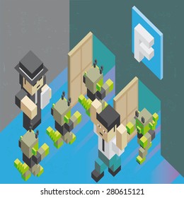 An intelligence agent arresting a social network user, by using a back door and computer viruses, in isometric old video game style. The grunge texture is removable from the background.