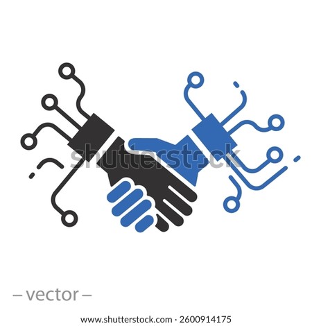 intelligence artificial, digital handshake icon, global partnership, trade revolution technology, flat vector illustration